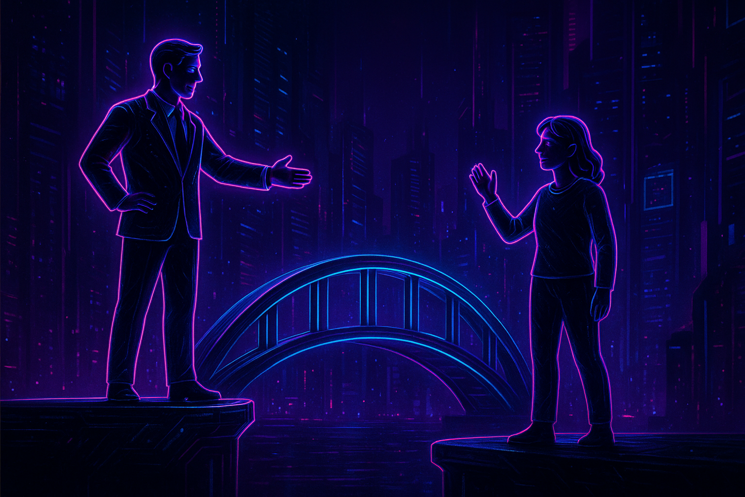 A silhouette of two people about to shake hands, with one person standing on a higher platform and the other on a lower platform. The platforms are connected by a bridge.