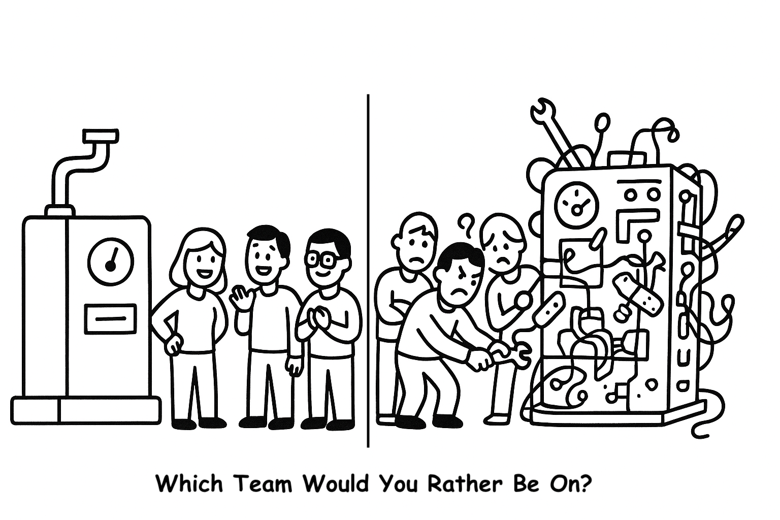 Two panels labeled "Which Team Would You Rather Be On?" Left panel shows a simple machine with a relaxed group of people standing beside it. Right panel shows a complex machine tangled in a mess of wires with a stressed group of people trying to fix it.