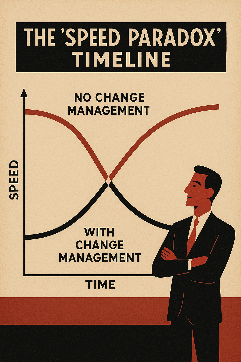 A diagram titled "The 'Speed Paradox' Timeline" showing a timeline with two lines: "Without Change Management" (frequent crises, high stress) and "With Change Management" (initial slow down, then steady progress).