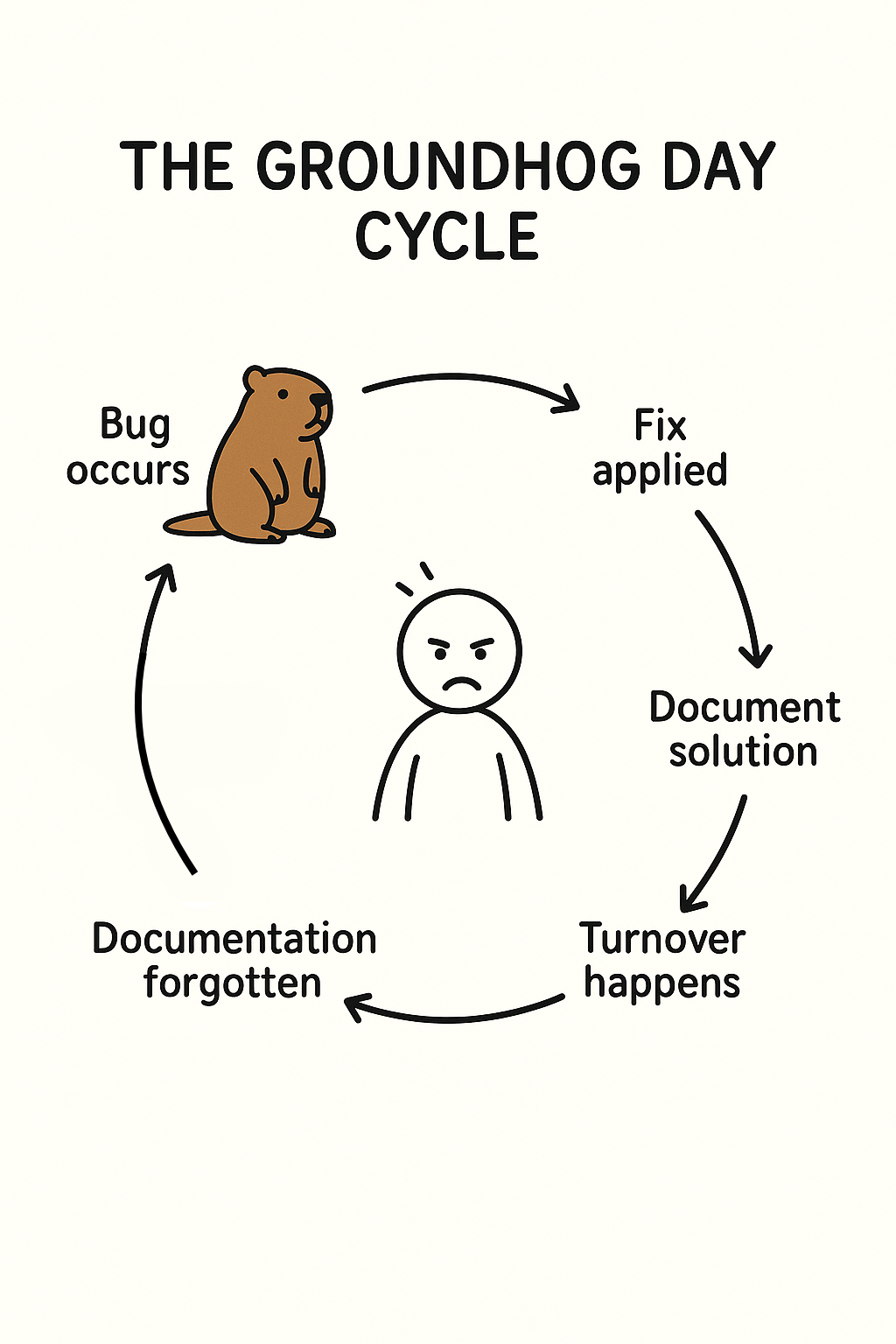 Infographic showing a repeating life cycle: a bug occurs, a fix is applied, the solution is documented, turnover happens, documentation is forgotten, and the cycle repeats.