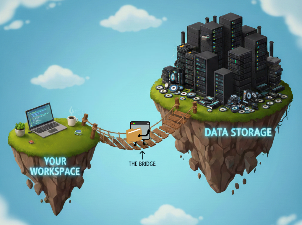 Two islands labeled "Your Workspace" and "Data Storage" are connected by a tiny, rickety wooden footbridge. Crossing the bridge is a terminal carrying a folder.