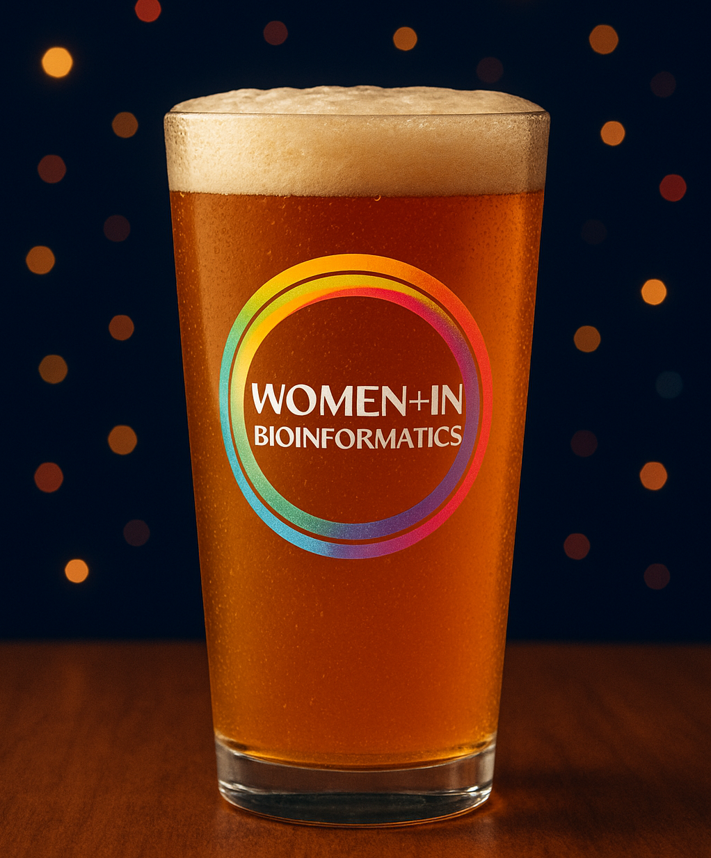 Beverage in glass cup with Women in Bioinformatics logo